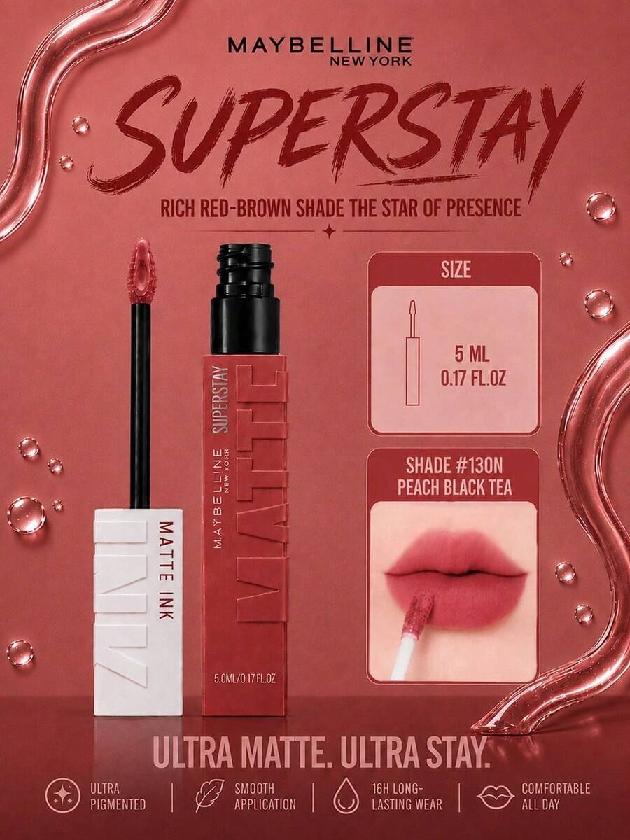 Maybelline 美寶琳 Super Stay 霧面液態唇膏 #130N 5ml，超高顯色度，長效持久，濃郁霧面妝效，易於唇形塑造，淡淡香草味，易於塗抹，適合所有膚色