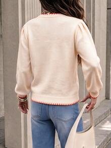 Sweater Pullover Lengan Panjang Wanita yang Elegan Warna Krem dengan Aksen Mawar Merah 3D, Panjang Reguler dan Kain Lembut Sedikit Elastis untuk Musim Dingin. Atasan - MultiWarna - View 5