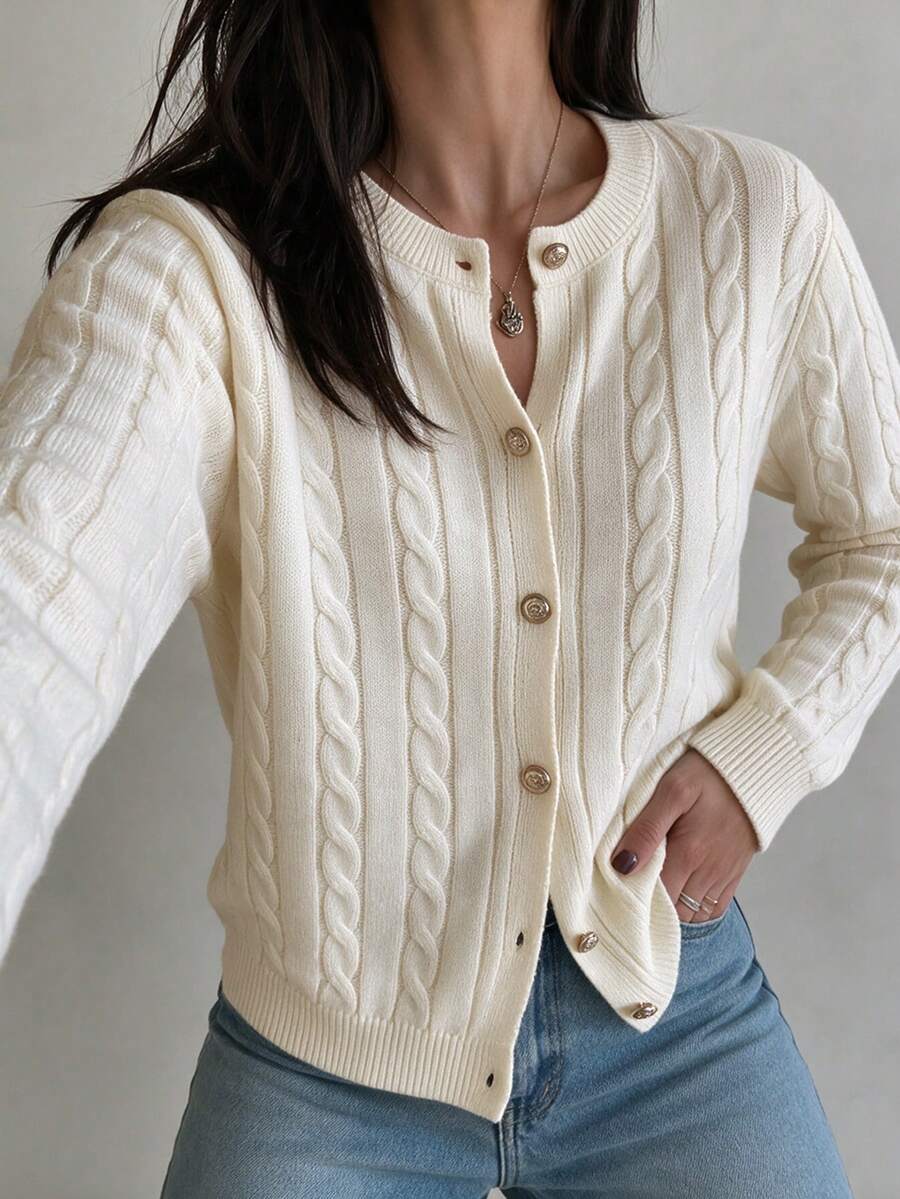 SEREN Women's New Classic Cable Knit Cardigan, Elegant Round Neck Long Sleeve Sweater, Regular Fit Top For Autumn/Winter - Apricot - View 1