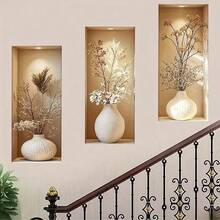3pcs Visual Recessed Niche Vase Wall Sticker, Neutral Dried Flower Vase Hollow Wall Decal, Fake Built‑In Shelf Mural, Removable Self‑Adhesive, For Living Room Bedroom Entryway Boho Farmhouse Home Decor Gift - Multicolor - View 3