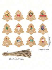 98pcs Vintage Christmas Tree Shaped Slogan Pattern Gift Tags With Rope, Santa Claus And Snowman Pattern Paper Gift Decoration Labels, Suitable For Christmas Party Gifts, Christmas - Multicolor - View 6