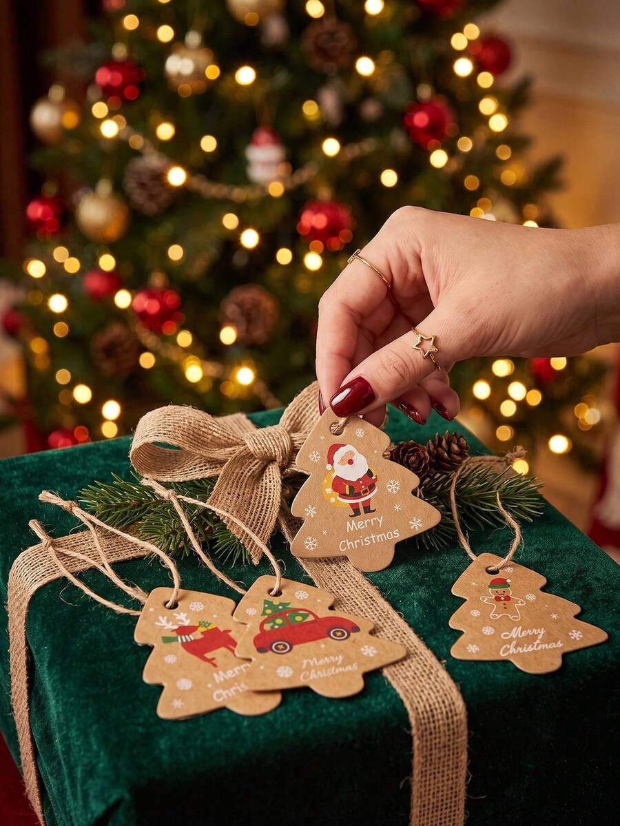 98pcs Vintage Christmas Tree Shaped Slogan Pattern Gift Tags With Rope, Santa Claus And Snowman Pattern Paper Gift Decoration Labels, Suitable For Christmas Party Gifts, Christmas - Multicolor - View 1