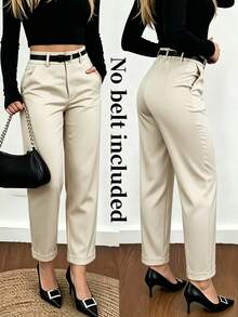 Women's Commuter Solid Color Casual High Waist Ankle Tapered Pants [No Belt] - Apricot - View 1