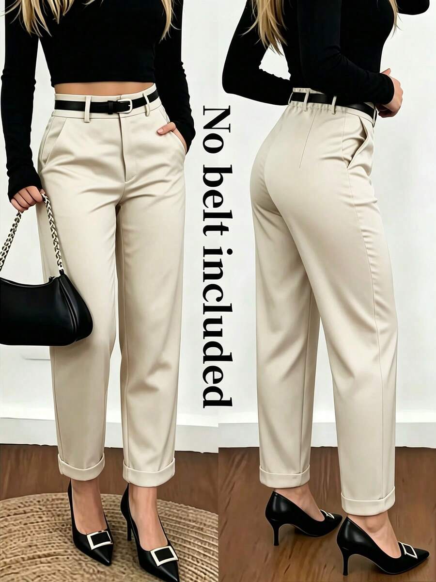 Women's Commuter Solid Color Casual High Waist Ankle Tapered Pants [No Belt] - Apricot - View 1