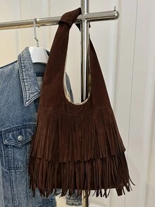 Solid Color Suede Matte Women's 2026 New Tassel Shoulder Bag, Fashionable Large Capacity Practical Tote Bag, Versatile Underarm Bag - Coffee Brown - View 6