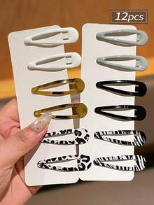 12pcs 1.97inch/5cm Women's All-Match Water Drop BB Hair Clips, Multicolor Options, Black White Gray Solid Color, Minimalist Personalized Leopard Zebra Print Versatile Side Clips, Suitable For Daily Wear - Multicolor - View 7