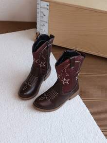 1 Pair Girls' Embroidered Mid-Calf Boots, Children's Sequin Mid-Calf Boots With Side Zipper, Non-Slip Vintage Fashion Boots - Red - View 1