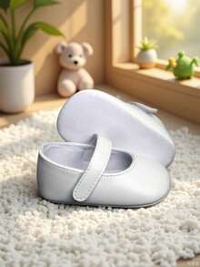 1 Pair Infant Girl PU Leather Soft Sole Anti-Slip Walking Shoes, Round Toe Low-Top Single Strap Design, Flat Heel, Comfortable Breathable Fashion Minimalist Style, Suitable For 0-1 Year Old Infants Daily Wear And First Birthday Outfit - White - View 5