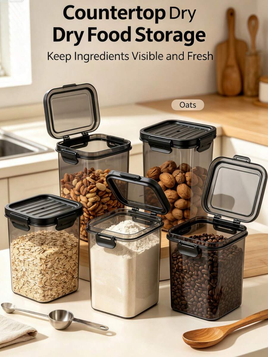 4‑Piece Transparent Plastic Airtight Food Storage Containers, Multi‑Size Grain Storage Jars With Clip Lock Sealed Lids, Stackable Food‑ Pantry Organizer Canisters, Space‑Saving Kitchen Storage Boxes For Cereal And Dry Grocery