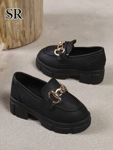 1 Pair Black Elegant Metal Chain Decor Girls' Loafers, Thick Sole Slip-On Fashion Shoes, Suitable For Daily And School Wear - Black - View 5