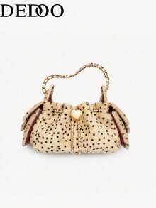 Tas Ember Berbulu Motif Polkadot Merah Muda Dedoo, Tas Selempang Rantai Logam Bentuk Hati yang Lucu, Tas Bahu Serut Berbulu untuk Pesta dan Sehari-hari - Khaki - View 8