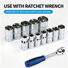 Set Kunci Sok Ratchet 1/4 Inci Multi Ukuran Metrik, Kit Perkakas Tangan untuk Perbaikan Mobil, Sepeda, Rumah Tangga, Mekanik, dan Perawatan DIY. - Set Selongsong 4mm-14mm (13 buah) - View 1