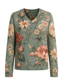 Sweater Lengan Panjang Leher V dengan Motif Bunga Elegan, Serbaguna untuk Musim Semi, Musim Panas, Musim Gugur, Musim Dingin, Gaya Bohemian, dan Perjalanan Musim Gugur. - Hijau - View 9