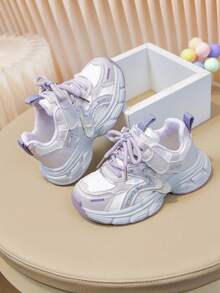 1 Pair Rhinestone Chunky Sneakers, Casual Sports Shoes, Running Shoes, White & Purple Color Block Fashion, Hook & Loop Easy On/Off, Thick Sole Non-Slip Casual Kids Shoes - White & Purple - View 1