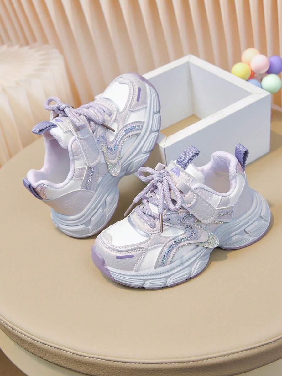 1 Pair Rhinestone Chunky Sneakers, Casual Sports Shoes, Running Shoes, White & Purple Color Block Fashion, Hook & Loop Easy On/Off, Thick Sole Non-Slip Casual Kids Shoes - White & Purple - View 1