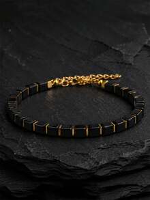 1pc Unisex Minimalist Square Obsidian Bracelet | Fashion Luxury | Versatile Accessory | Gift For Him/Her | Gift For Father | Couple's Choice | Adjustable - Black - View 4
