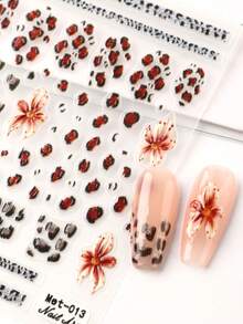 2 Peças Adesivos de Unhas com Estampa de Leopardo e Floral, Decalques de Unhas com Glitter de Lírio Vintage em Relevo 5D Marrom Leopardo, Suprimentos de Arte de Unhas DIY Estilo Feminino Selvagem, Decoração de Unhas para Casamento, Feriado, Encontro, Outono e Inverno - Multicolorido - Visão 4