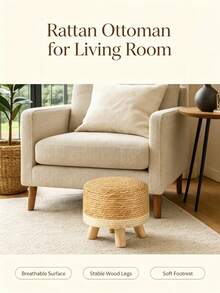 1PC Pastoral Style Woven Rattan Stool, Thick Woven Footstool For Home, Solid Wood Small Bench For Living Room Sofa, Entryway Shoe Bench, Creative Handmade Woven Stool For Balcony Leisure, Bedroom Vanity Stool, Coffee Table Footrest, B&B Retro Style Low Stool, Stable Solid Wood Frame Wear-Resistant Woven Surface Square Stool, Stackable Storage Guest Stool, Simple Nordic Style Home Footrest Low Stool - Multicolor - View 4