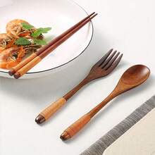3pcs Wooden Flatware Set,Wooden Convenient Tableware Spoon Chopsticks And Fork,Kitchen,Christmas Gift,School Supplies - Brown - View 5
