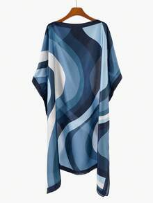 1pc Women's Elegant Minimalist Premium Geometric Wave Morandi Color Block Print Chiffon Pullover Long Robe Shirt, Summer Outdoor Casual Travel Versatile Sun Protection Cover-Up Shawl - Multicolor - View 16