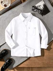 Tween Boys Classic White Long Sleeve Shirt With Contrast Stitching Chest Pocket Design, Suitable For Back To School, Weddings, Parties And Formal Occasions - White - View 3