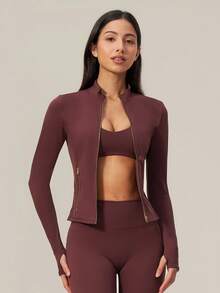 TimeOff Women's 1pc Solid Color Stand Collar Zip-Up Jacket With Side Pockets And Thumb Holes, Autumn/Winter - Red - View 5