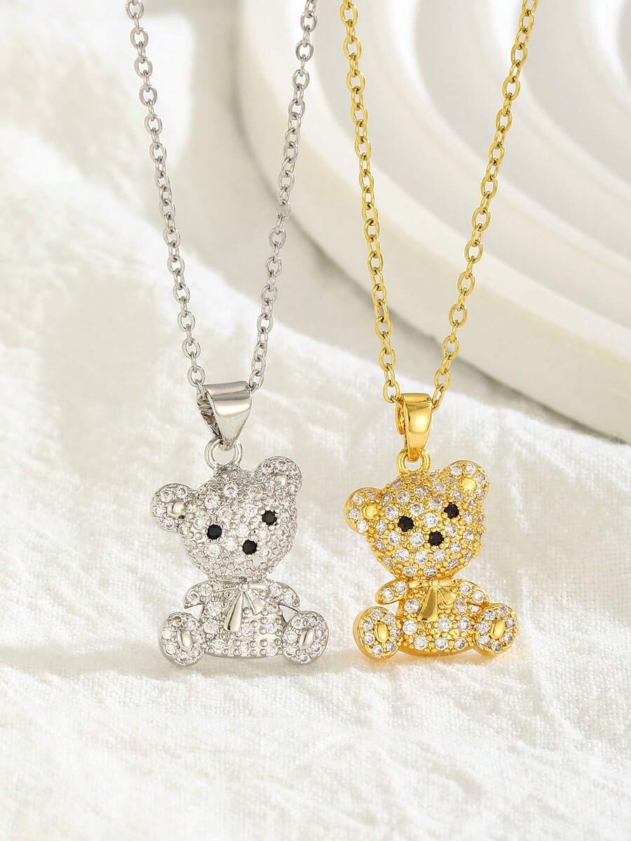 1pc Cute Rhinestone Teddy Bear Pendant Necklace Sparkly Gold Silver Tone Charm Fashion Jewelry For Girls Daily Wear Party Birthday Gift Kawaii - Multicolor - View 1
