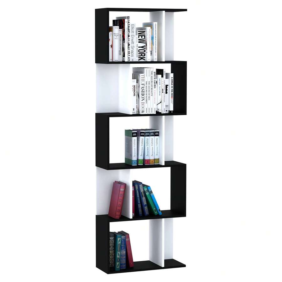 Boekenkast met 5 planken, S-vormig opbergmeubel met planken, opbergrek voor woonkamer, slaapkamer, kantoor, 60 x 24 x 184,5 cm, zwart, wit - A - Bekijken 1