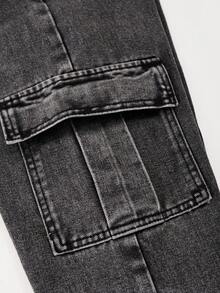 Girls Casual Loose Denim Long Pants, Straight Leg Cargo Pants With Flap Pockets And Contrast Stitching Details, Suitable For Spring/Summer Y2K Vintage Street Style Retro Washed 2000s Denim Cargo Pants - Black - View 7
