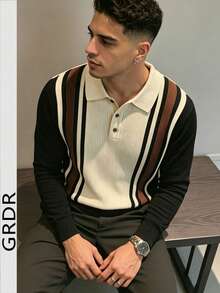 GRDR Men's Vintage Contrast Color Versatile Collared Vertical Striped Knit Long Sleeve - Casual Everyday Wear - Black - View 4