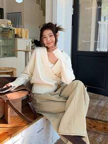 [Y6Y] Sweater Rajut Wanita Musim Gugur/Dingin Model V-Neck, Gaya Korea, Desain Longgar dan Lembut - Krem - View 7