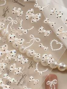 1pc 5D Classic Elegant Bow Nail Sticker, Cute Black & White Ribbon Bow Nail Art Decals, Self-Adhesive Slider Nail Decoration DIY Sticker Nail Stickers - White - View 6