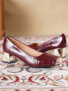 2026 New Lightweight Luxury Shiny Pleated Square Toe Low Vamp Closed Toe Design Chunky Heel 4.5cm Foot-Flattering Daily Casual Versatile Shoes - Burgundy - View 8