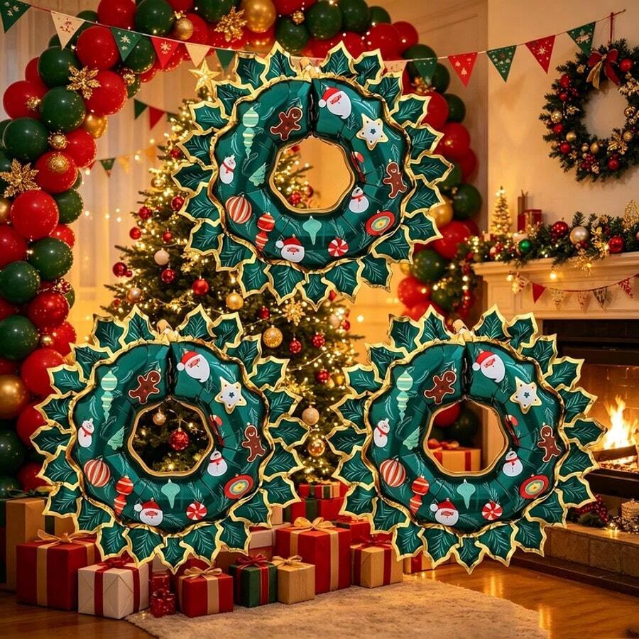 2pcs 20 Inch Christmas Wreath Foil Balloons, Suitable For Christmas Decoration, Holiday Party And Indoor/Outdoor Garden Arrangement - View 1