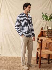 glestore 男士復古風休閒條紋沙灘襯衫 | 休閒長袖襯衫 | 百搭風格適合四季穿著 - 藏蓝色 - 查看 5