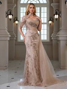Ivity Tassel Shawl Mesh Ruched Elegant Hip-Hugging Fishtail Skirt Tulle Side Drape Evening Gown/Dry Cleanable/Suitable For Weddings, Banquets, Parties - Apricot - View 3