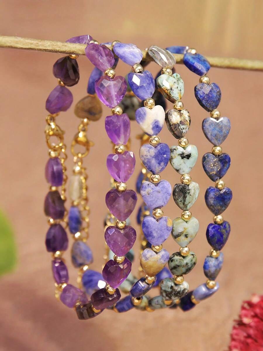 YAUKIA Natural Stone Heart Shaped African Pine &Amethyst Bracelet, Healing Love Gift For Teachers' Day Halloween, Adjustable Jewelry For Women Daily Wear - Multicolor - View 1