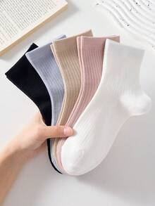 5 Pairs Solid Color Non-Slip Comfortable Minimalist Women's Mid-Calf Socks, Suitable For Sports & Casual, Suitable For Autumn/Winter - Multicolor - View 2