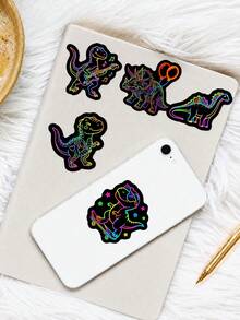 50Pcs Brilliant Neon Outline Dinosaur Pp Stickers, Cartoon Patterns Of T‑Rex And Triceratops In Various Poses And Patterns, Suitable For Luggage, Helmet, Guitar, Scrapbook, Water Bottle - Multicolor - View 7