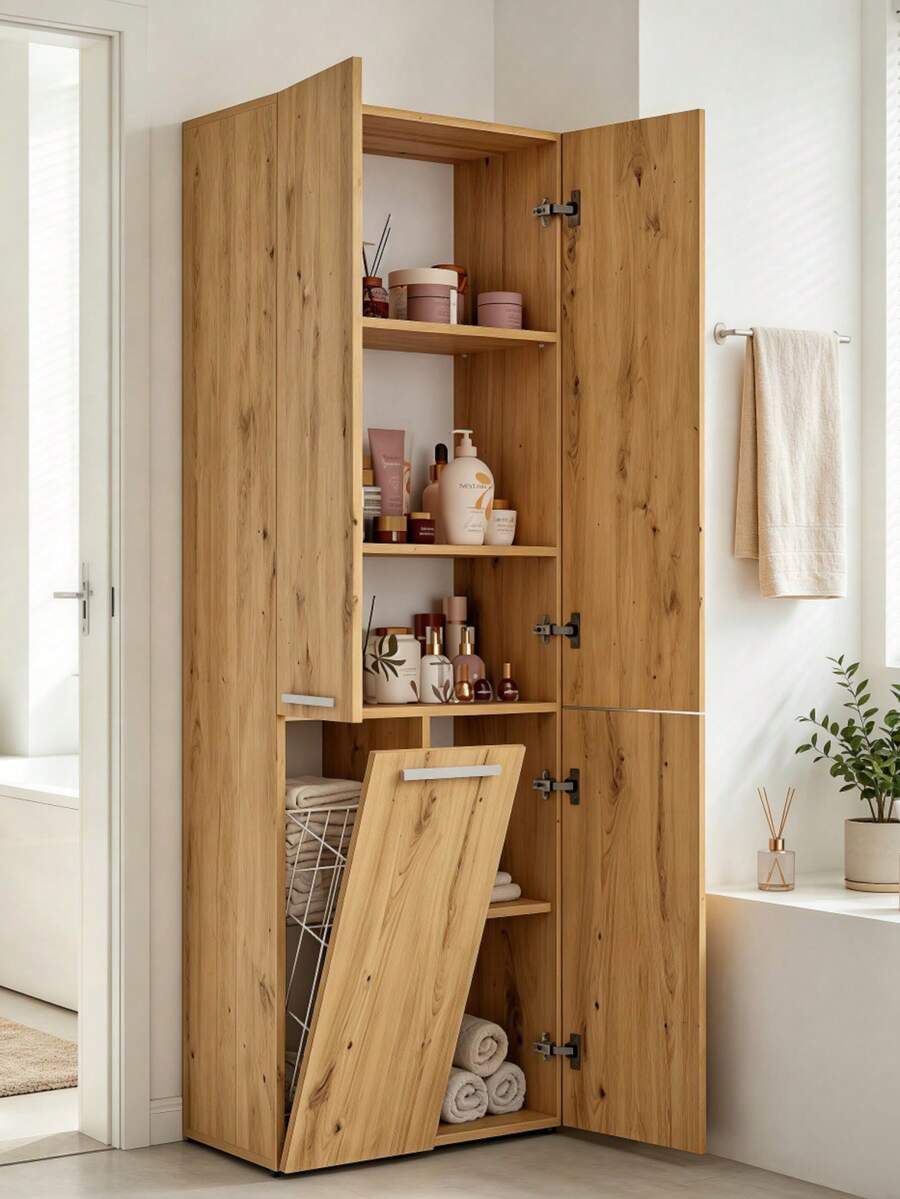 Freestanding Bathroom Cabinet, Large‑Capacity Storage Cupboard, Particle‑Board Multi‑Door Cabinet With Shelves & Built‑In Laundry Hamper, Upright Home Organizer, Practical Furniture For Rental Houses, Small Apartments And Dormitories - Multicolor - View 1
