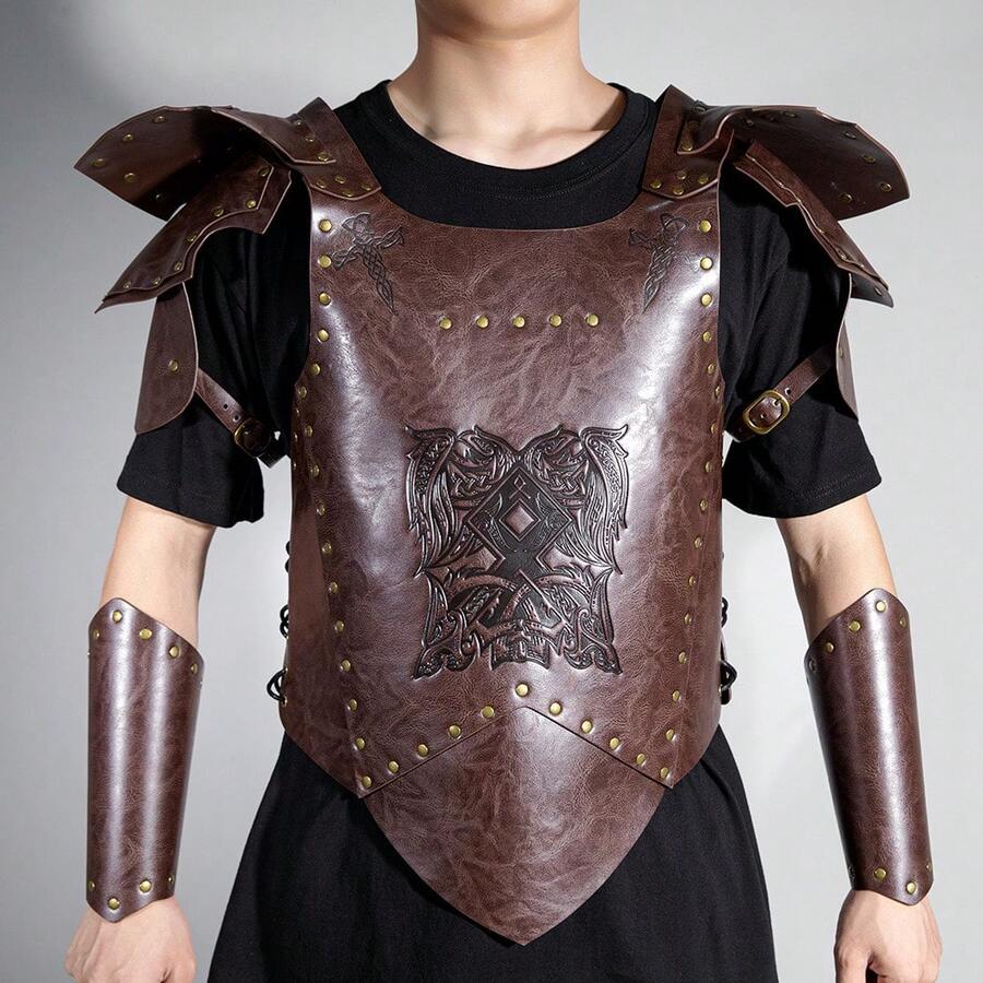 Medieval Leather Bracers Dragon Embossed Viking Leather Bracers Leather Arm Armer Cuff Leather Gauntlet Costumes Accessories,Halloween - Multicolor - View 1