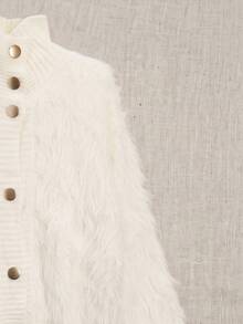 Korean Style Plush Knit Cardigan - Soft Faux Fur Sweater For Autumn/Winter, Decorated With Fan-Shaped Lace And Pearl Buttons, Comfortable High Neck Outerwear, Versatile For Daily Wear - White - View 6