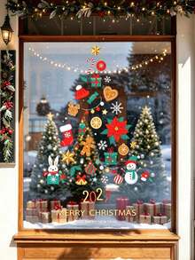 1pc Christmas Static Window Sticker, Creative Tree-Shaped Mixed Christmas Element Print, Includes 2027, Rabbit, Snowman, Gingerbread Man, Gift, Decorative Patterns, Reusable PVC Glass Door Wall Sticker, Indoor Home Christmas New Year Party Decoration - Style a - View 8
