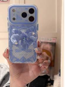Niche Ins Style Haze Blue Lace Bowknot Kickstand Phone Case Kompatibel Dengan iPhone 17 Pro Max, New 16 Pro, 15 Pro, 17 Pelindung Anti-Jatuh Cakupan Penuh - Biru - View 2