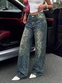 Celana Jeans Wanita Model Vintage Motif Ular Seluruh Permukaan, Potongan Lebar Pinggang Sedang, Model Longgar dan Lusuh, Gaya Jalanan Y2K yang Dipersonalisasi, Celana Denim Hot Girl, Pakaian Wajib untuk Musim Gugur - Medium Wash - View 4
