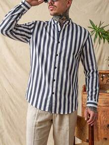 glestore 男士復古風休閒條紋沙灘襯衫 | 休閒長袖襯衫 | 百搭風格適合四季穿著 - 藏蓝色 - 查看 4