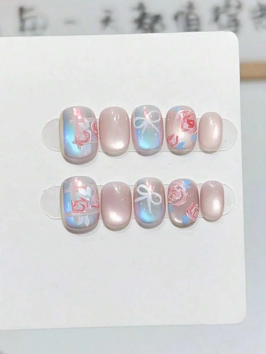 10片裝方形/圓形手工穿戴式假指甲 Y2K風格，適合女孩與女性，適用假期、音樂節、日常配戴，情人節禮物