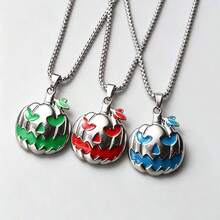 Multi-Color Glow-In-The-Dark Pumpkin Head Pendant Necklace, Vintage Metal Jack-O'-Lantern Charm, Halloween Creative Atmosphere Glowing Jewelry (Glow Effect Requires Brief Light Exposure) - Multicolor - View 3