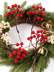5PCS Multi‑Heads Artificial Red Holly Berry Stems, Glossy Faux Red Berry Picks, Christmas Tree Wreath Vase Arrangement DIY Stems, Winter Xmas Holiday Home Table Decor - Red - View 5