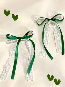 2pcs Girls Simple Versatile Green Lace Bow Side Hair Clips, Suitable For Holiday And Daily Outfit Matching - Green - View 1